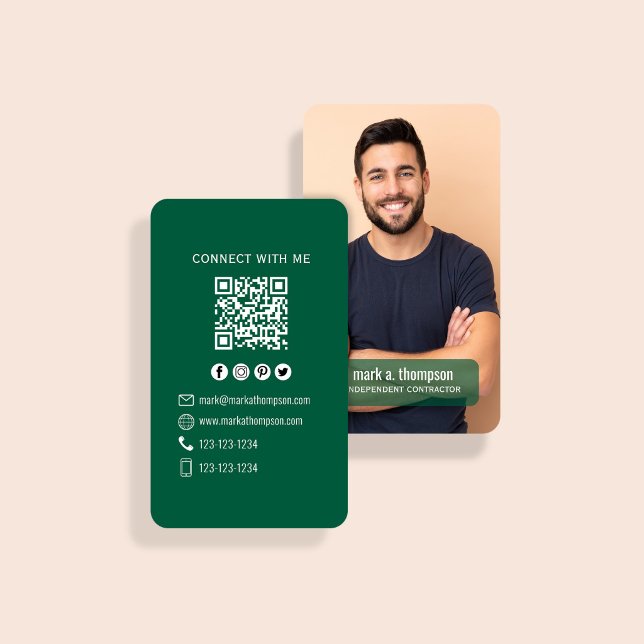 Mörkgrön Foto QR-kod Kontakta Mig Visitkort (Dark green QR code card with photo and clean modern contact layout)
