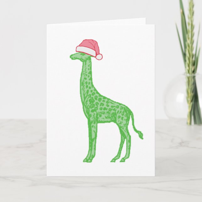 Mörkgrön giraff med röd tomteluva kort (Framsida)