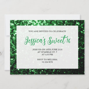 Mörkgrön glitter glittrande Sweet 16 elegant skrip Inbjudningar