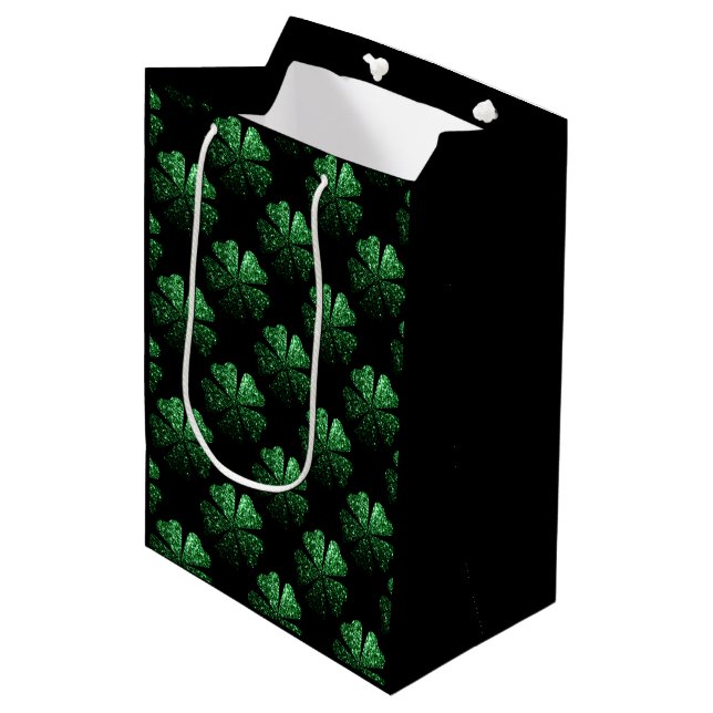Mörkgrön gnistrande Shamrock-mönster på svart (Framsidan Vinklad)