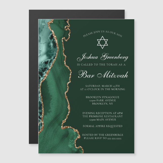 Mörkgrön Guld Agat Bar Mitzvah Födelsedagsfest Magnetisk Inbjudningskort (Fram/baksida)