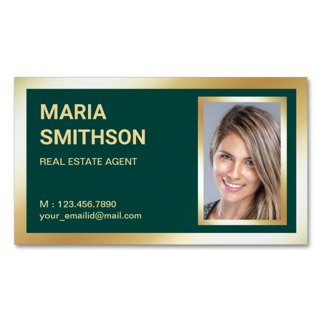 Mörkgrön guld folie Fastigheter Mäklaren Foto Magnetiska Visitkort (Framsida)