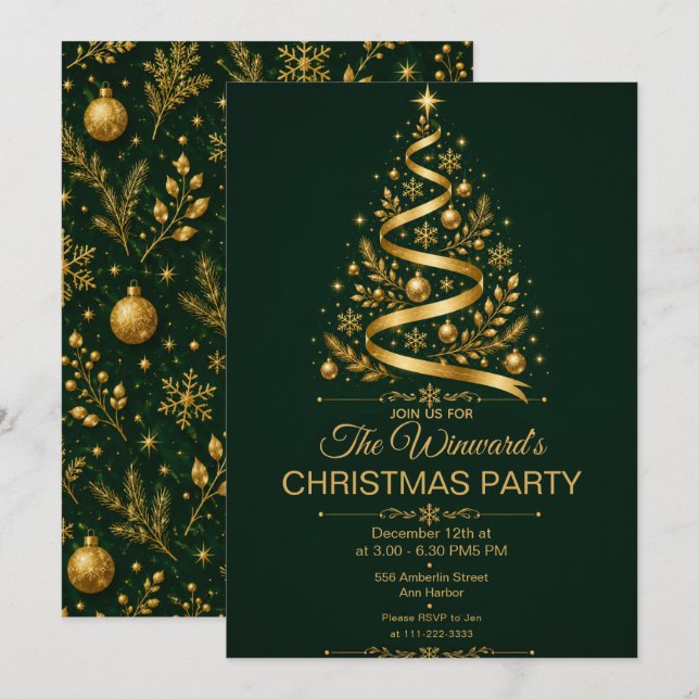 Mörkgrön guld julfest inbjudningar (Fram/baksida)