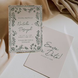 Mörkgrön Handritad Blommig Trädgård Boho Bröllop Spara Datumet