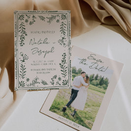 Mörkgrön Handritad Blommig Trädgård Foto Bröllop Spara Datumet