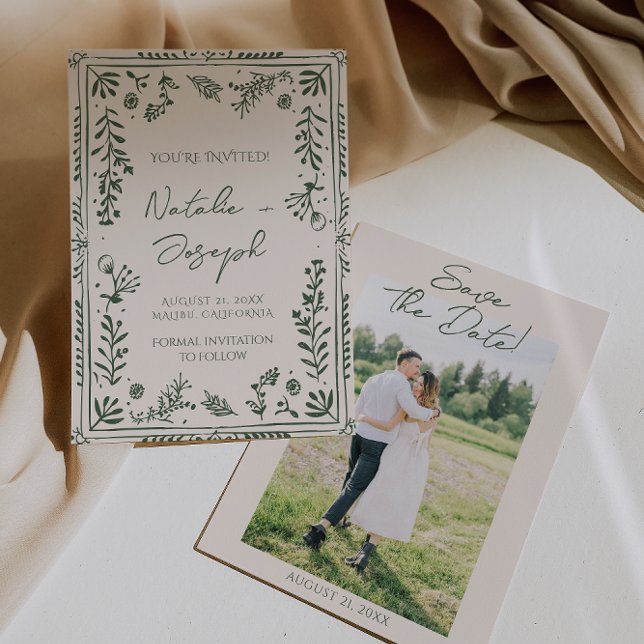 Mörkgrön Handritad Blommig Trädgård Foto Bröllop Spara Datumet (Skapare uppladdad)