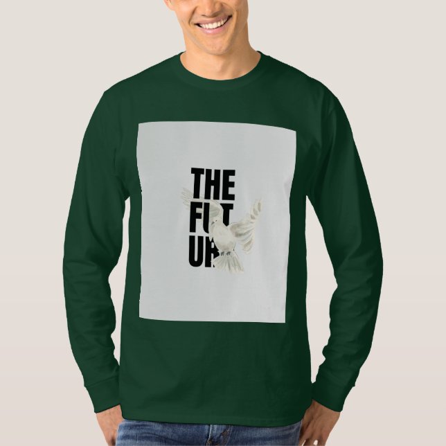 Mörkgrön helärmad T-shirt med duvbilde (Framsida)