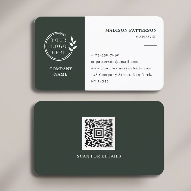 Mörkgrön Logotyp QR-kod Minimalistisk Visitkort (Skapare uppladdad)