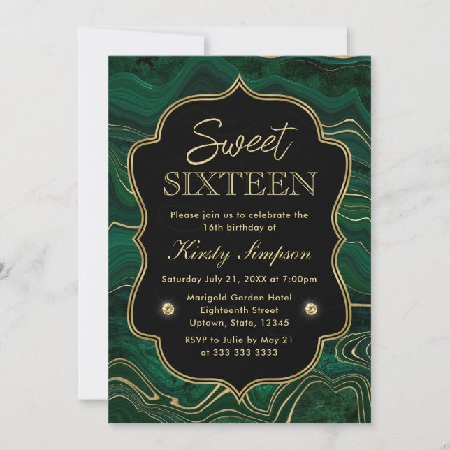 Mörkgrön malakit och guld folie strata Sweet 16 Inbjudningar (Framsida)