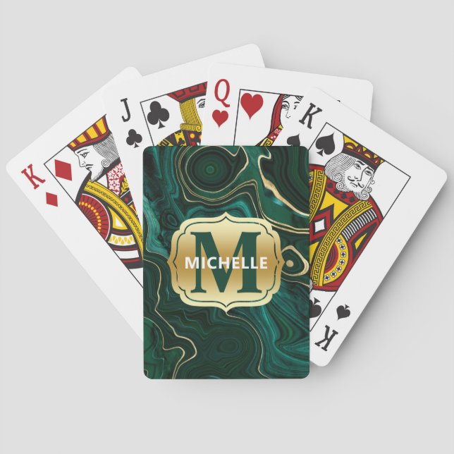 Mörkgrön malakit och guldfolie strata ådring casinokort (Baksidan)