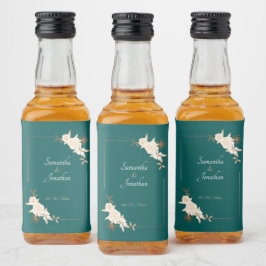 Mörkgrön med krämrosa rosor bröllop spritflaskor etikett