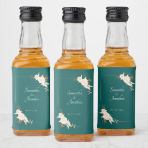 Mörkgrön med krämrosa rosor bröllop spritflaskor etikett