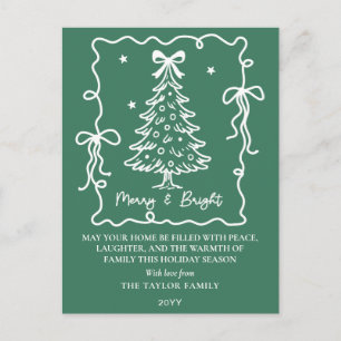 Mörkgrön Merry & Bright Vit Handritad Träd Helg Vykort