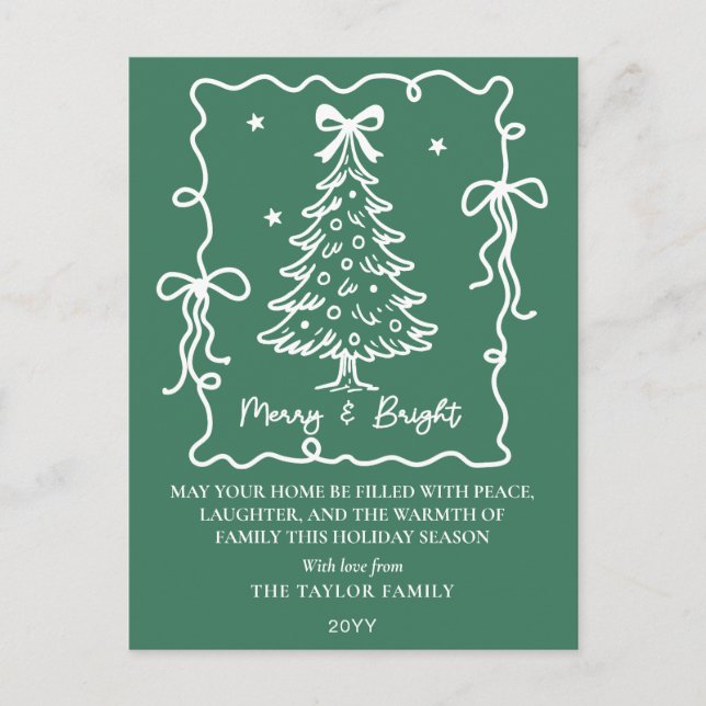 Mörkgrön Merry & Bright Vit Handritad Träd Helg Vykort (Framsida)