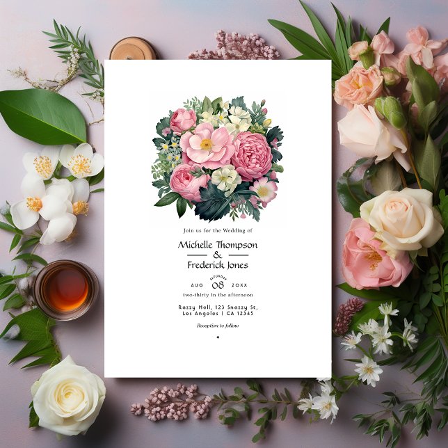 Mörkgrön och pastellrosa blomsterbröllop inbjudningar (Skapare uppladdad)