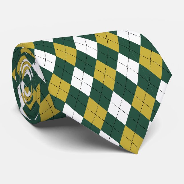 Mörkgrön och senapsfärgad argyle-mönstrad slips   (Rullad)