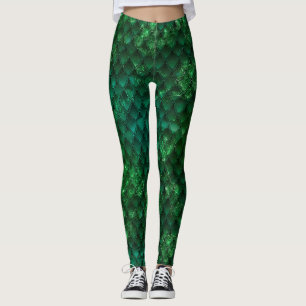 Mörkgrön Ombre & Glittrande Drakfjäll Leggings