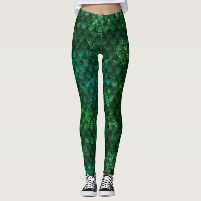 Mörkgrön Ombre & Glittrande Drakfjäll Leggings (Framsida)