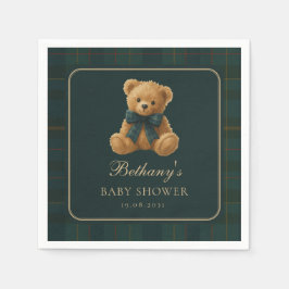 Mörkgrön Polo Tartan Teddybjörn Baby Shower Pappersservett