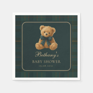 Mörkgrön Polo Tartan Teddybjörn Baby Shower Pappersservett