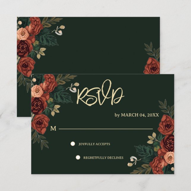 Mörkgrön romantisk trädgårdsblomma bröllop RSVP OSA Kort (Fram/baksida)