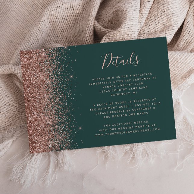 Mörkgrön Rosa Guld Glitter Kant Bröllopsdetaljer Tilläggskort (Skapare uppladdad)
