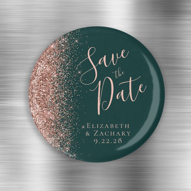 Mörkgrön Rosa Guld Glitter Skrift Spara Datum Magnet (Skapare uppladdad)