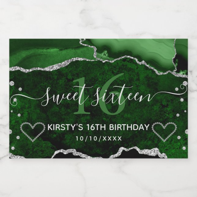 Mörkgrön & Silver Glitter Agat Marmor Sweet 16 (Enkel etikett)