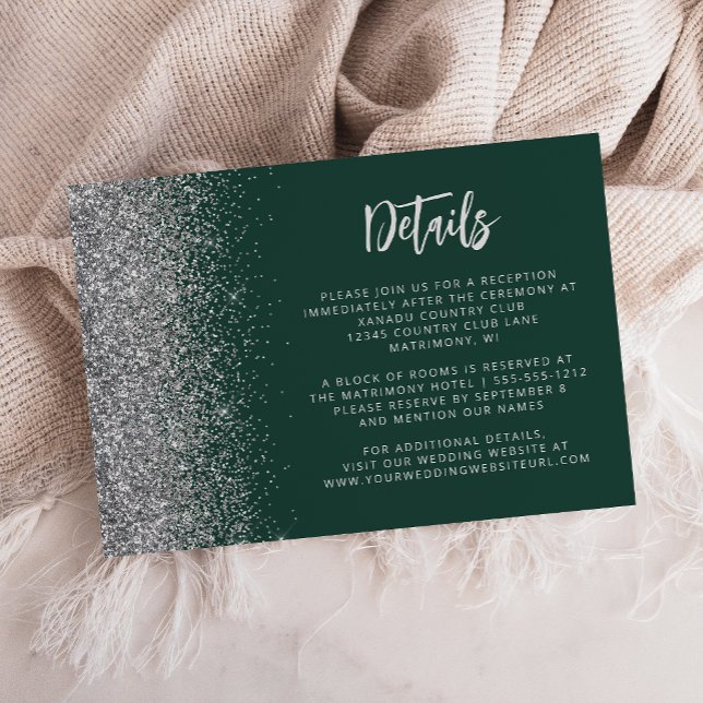 Mörkgrön silverglitter modern kalligrafi bröllopsd tilläggskort (Skapare uppladdad)