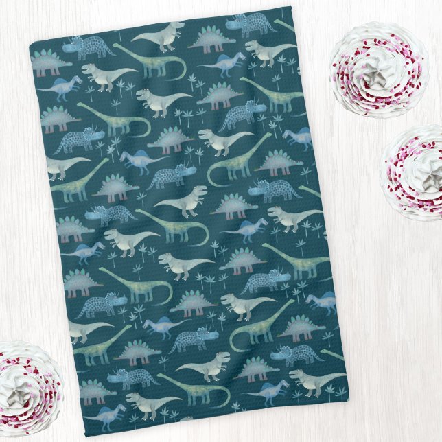 Mörkgrön söt dinosaurie-mönster kökshandduk (Dinosaur pattern teal green art kitchen tea towel)