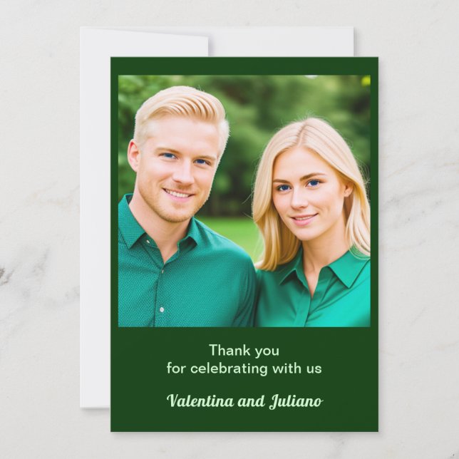 Mörkgrön tacksamhetskort för bröllop med foto tack kort (Framsida)