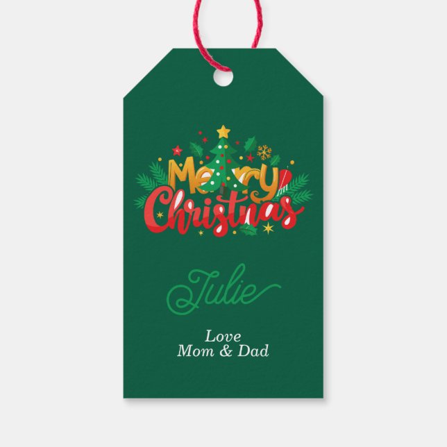 Mörkgröna glada jul presentkort presentetikett (Baksidan)