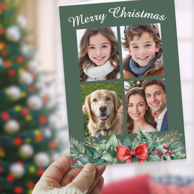 Mörkgrönt krans Fyra-foto jul Helgkort (A Christmas card to personalize with four favorite photos, with watercolor-style greenery)