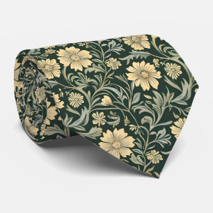 Mörkgrönt stiliserat mönster med gula blommor slips