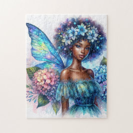 Mörkhyad älva med afro och hortensia-pussel pussel