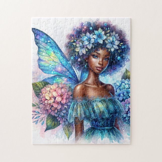 Mörkhyad älva med afro och hortensia-pussel pussel (Vertikal)