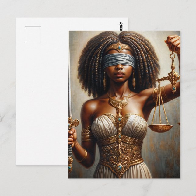 Mörkhyad Lady Justice med våg och svärd Vykort (Fram/baksida)