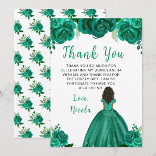 Mörkhyad prinsessa Grön blomsterlig Quinceanera Tack Kort