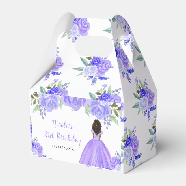 Mörkhyad prinsessa lila blommig födelsedagsfest presentaskar (Framsidan Sidan)