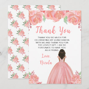 Mörkhyad prinsessa rosa blommig Quinceanera Tack Kort