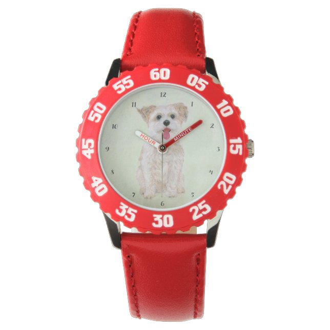 Morkie Hund Bezel Stainless Steel Red Kids Armbandsur (Framsida)