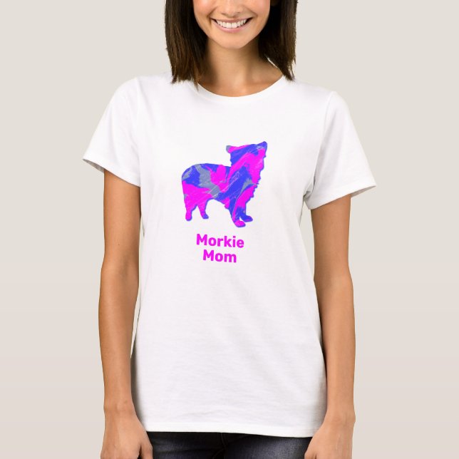 Morkie Hund Silhuett Ljusrosa och Blå T Shirt (Framsida)