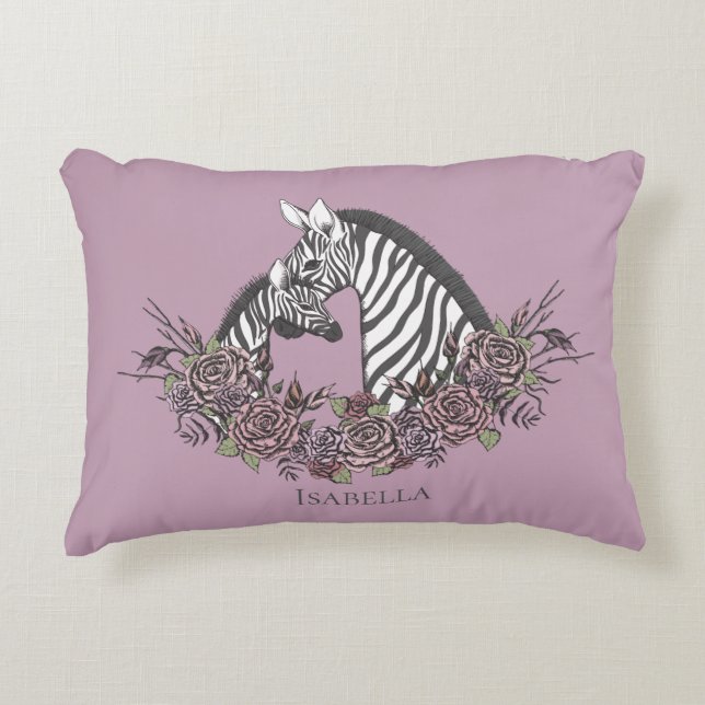 Mörklila Mama och Baby Zebra Handritad Accent Prydnadskudde (Framsidan)