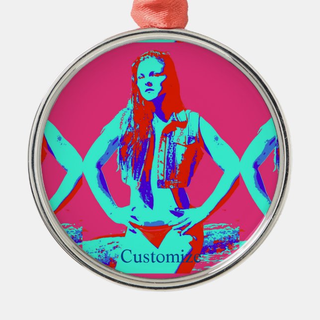 Mörkröd bikini-flicka Thunder_Cove Julgransprydnad Metall (Framsidan)