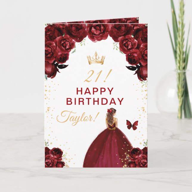 Mörkröd Blommig Brun Hårig Flicka Glad Födelsedag Kort (Framsida)