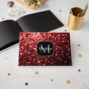 Mörkröd falsk glittergnist glamour monogram gästböcker