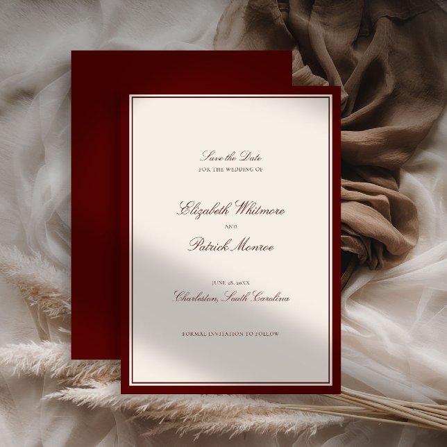Mörkröd Formal Modern Klassisk Herrgård Bröllop Spara Datumet (deep burgundy wedding save the date quiet luxury old money formal modern classic estate royal statel)