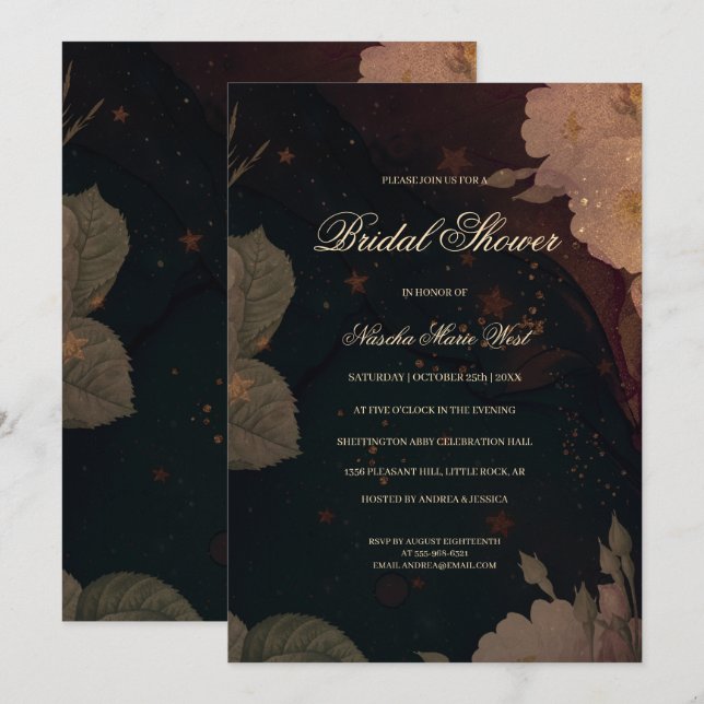 Mörkröd gotisk boho blomsterbröllopsdusch inbjudningar (Fram/baksida)