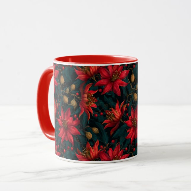 Mörkröd julblommig mönster mugg (Framsida vänster)