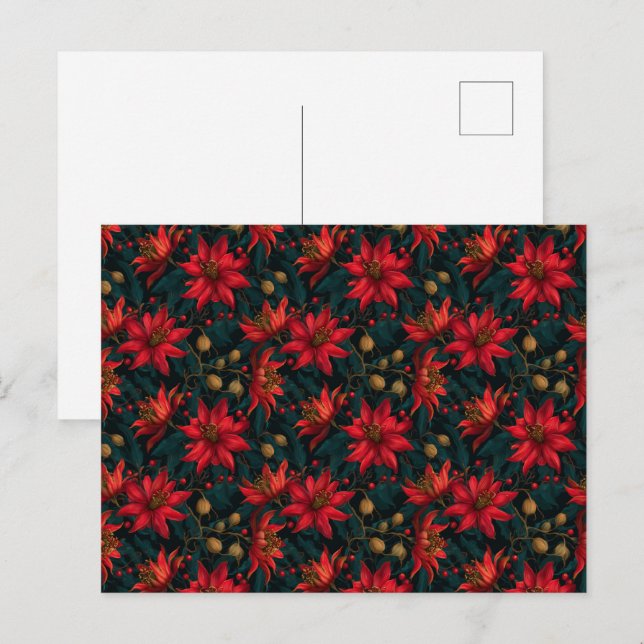 Mörkröd julblommig mönster vykort (Fram/baksida)